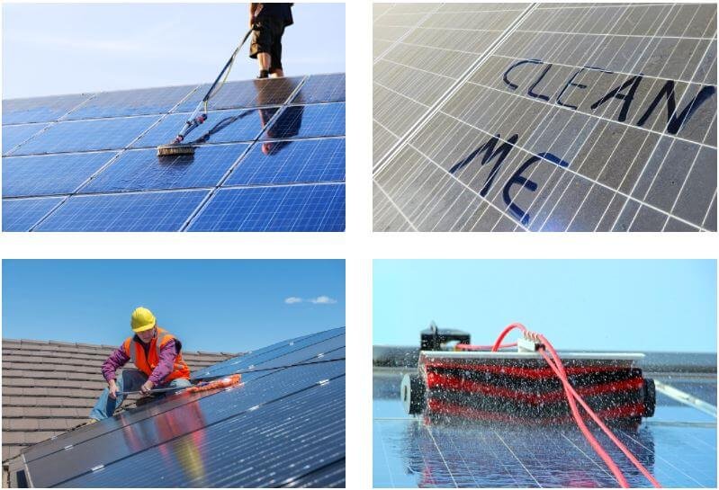 4 images relatives au nettoyage des panneaux solaires
