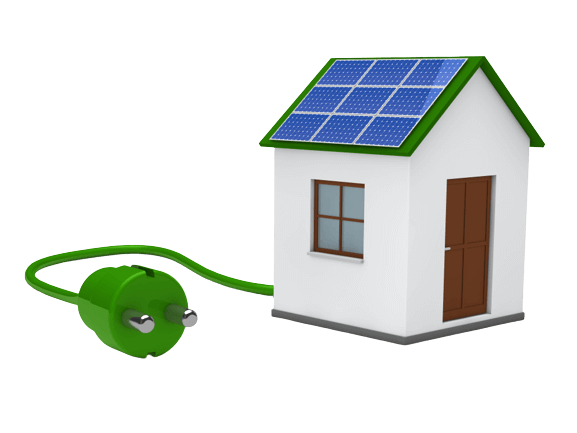 illustration maison avec panneaux solaires et prise d'électricité